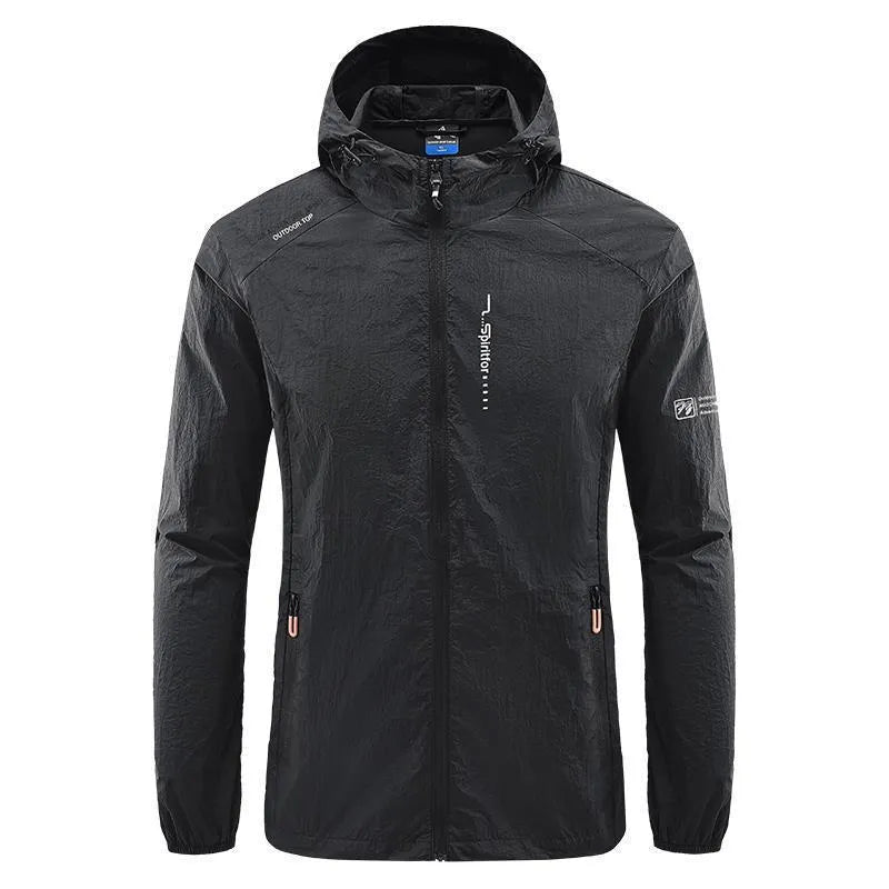 Men's lightweight nylon hooded jacket for sun protection in a loose fit, shown in dark blue.