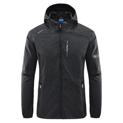 Men's lightweight nylon hooded jacket for sun protection in a loose fit, shown in dark blue.