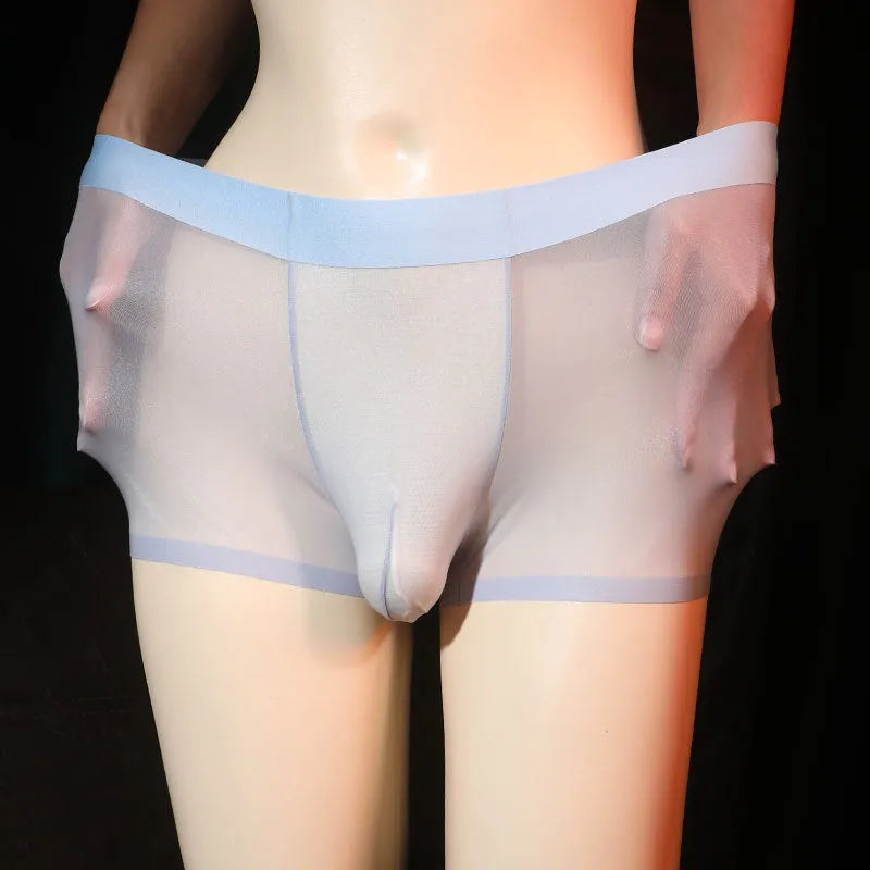 Men's ultra-thin transparent boxer briefs in ice silk nylon fabric showing light grey colour option