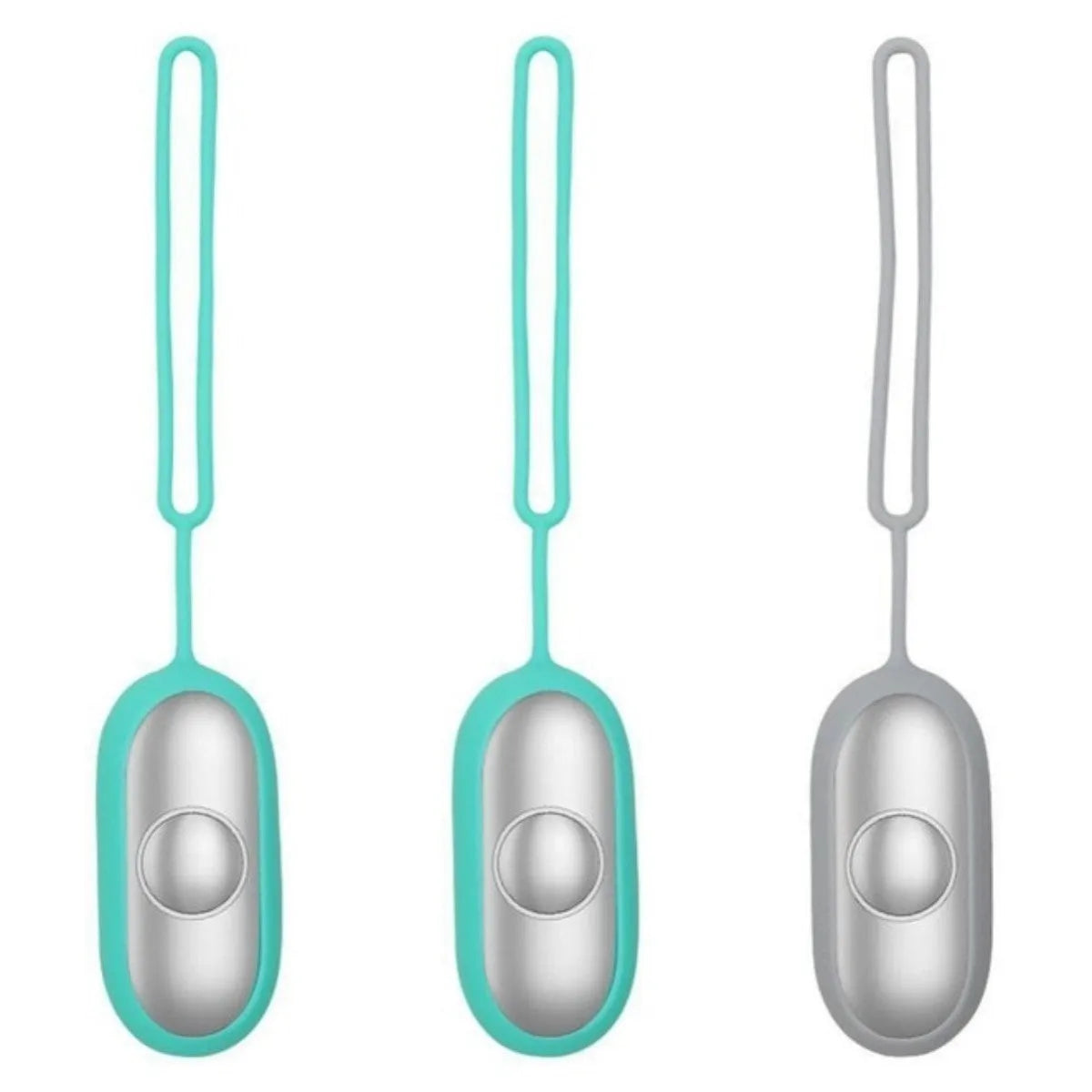 Hand-held micro-current sleep aid device in grey, green, or orange with round button and USB charging port