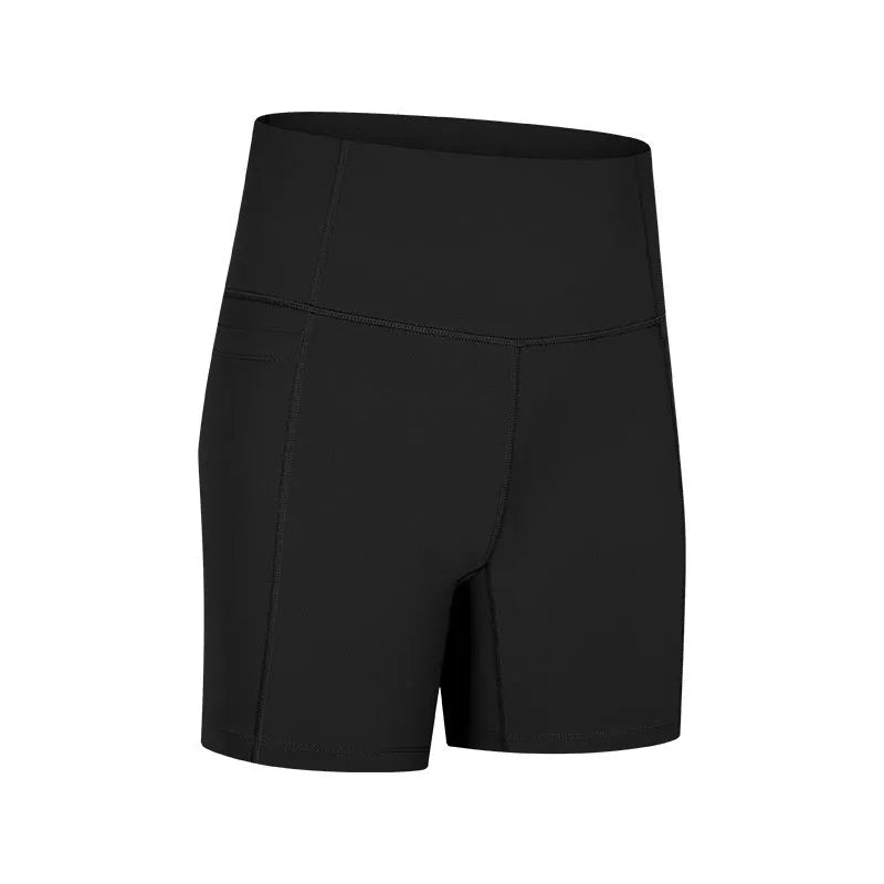 Women's tight-fitting cotton blend sports shorts in black, showing super stretch function and fifth pants length.