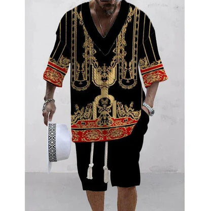 Men's casual short sleeve polyester suit set with loose fit top and matching shorts
