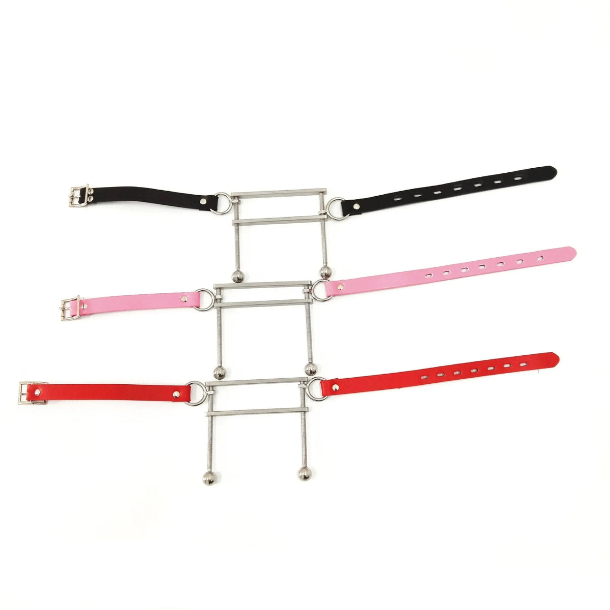 Stainless steel adult gag toy shown in black, pink, or red specification for role play use
