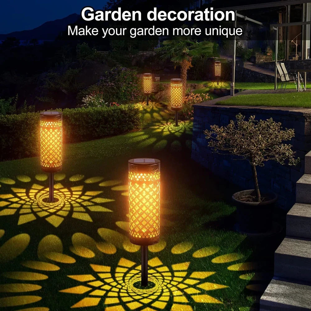 Geometric iron solar-powered lawn lamp with warm light, IP65 waterproof for courtyard garden decor