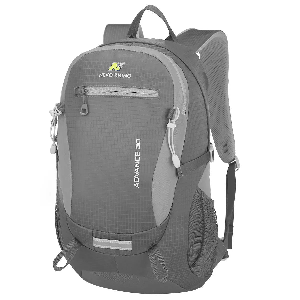 Dark green 30 litre nylon waterproof hiking backpack with airpillow straps on a neutral background.
