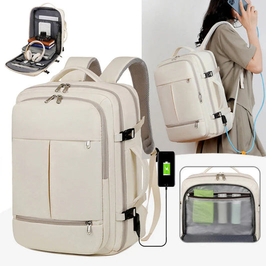 A stylish and high-capacity backpack with multiple pockets and zippers, designed for business and travel use.