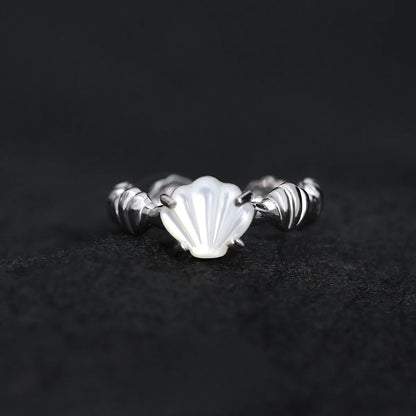 Adjustable silver ring with tiger eye stone centrepiece and shell design in electroplated finish