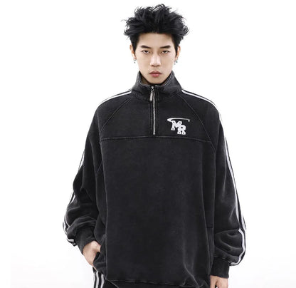 Black stand collar polyester hoodie with long sleeves and Hong Kong style design for sports wear