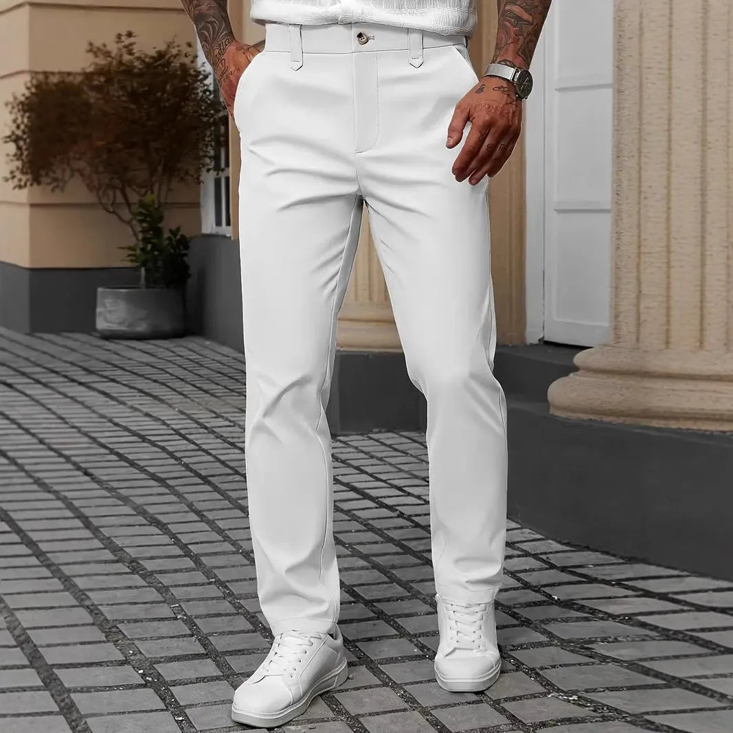 Men's straight leg light business trousers in polyester, shown in black, apricot, white, and grey colours.