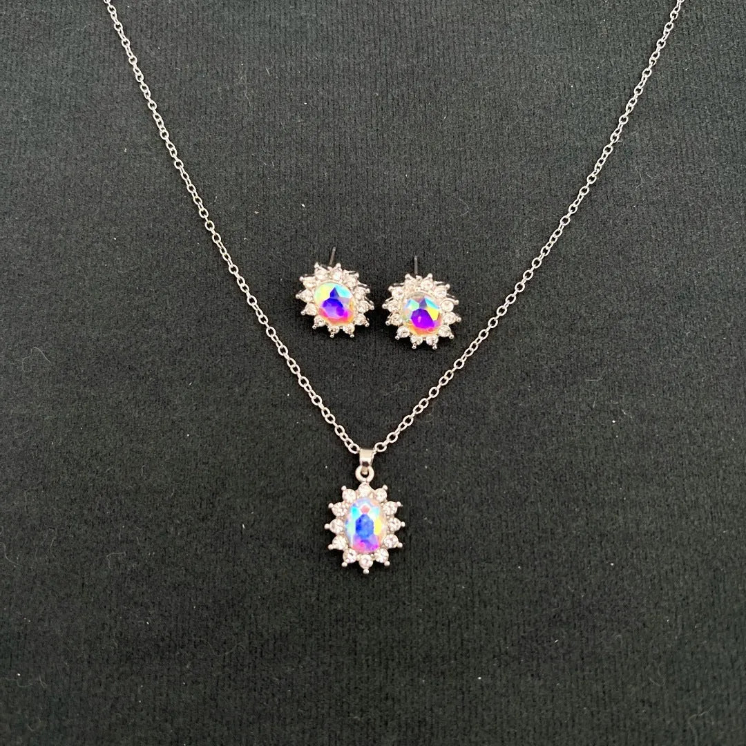 Sunflower zircon necklace and earring set in alloy with electroplated finish showing ellipse-shaped design