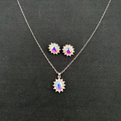 Sunflower zircon necklace and earring set in alloy with electroplated finish showing ellipse-shaped design