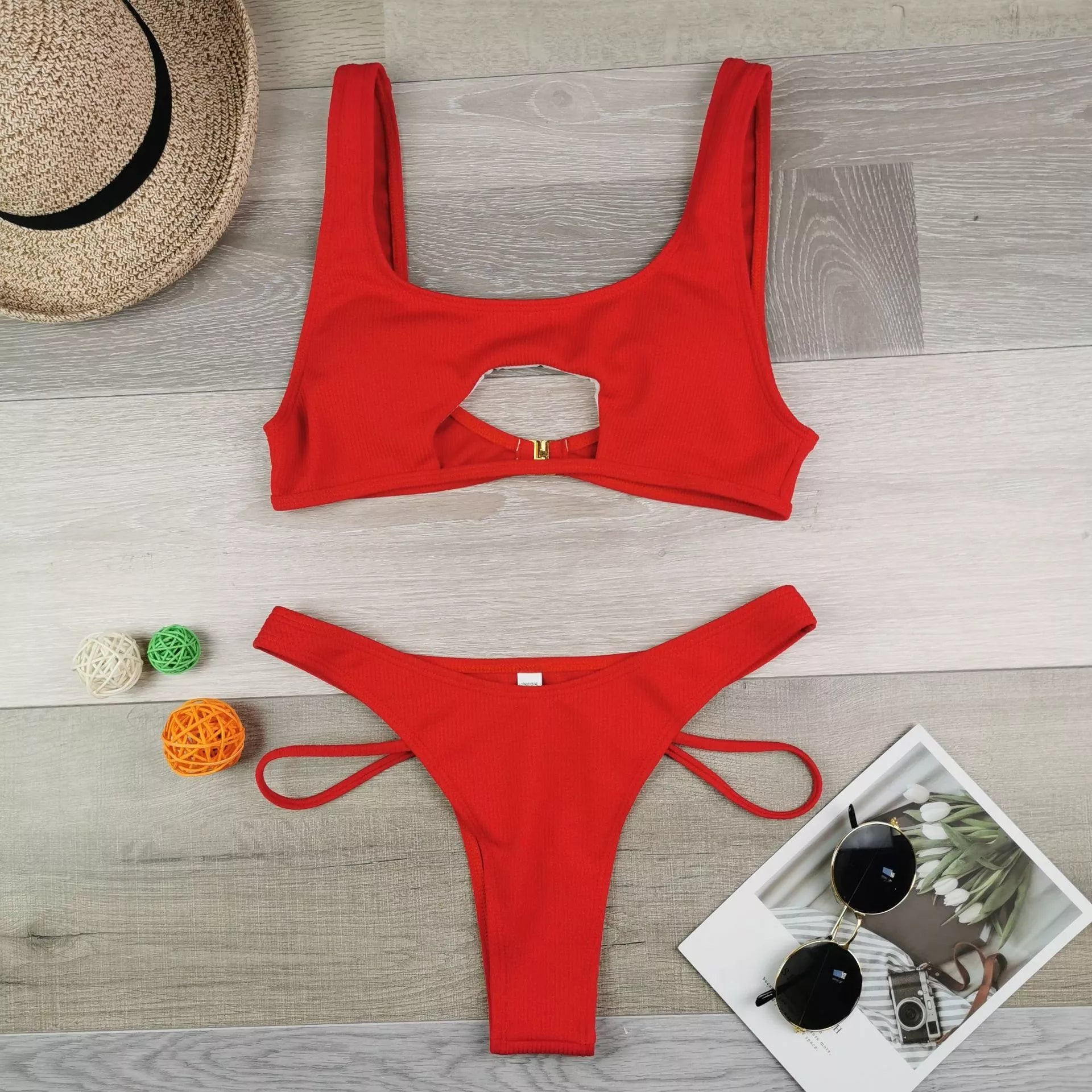 Women's solid colour bikini with hollow snake fabric for swimming
