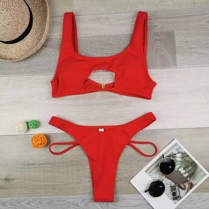 Women's solid colour bikini with hollow snake fabric for swimming