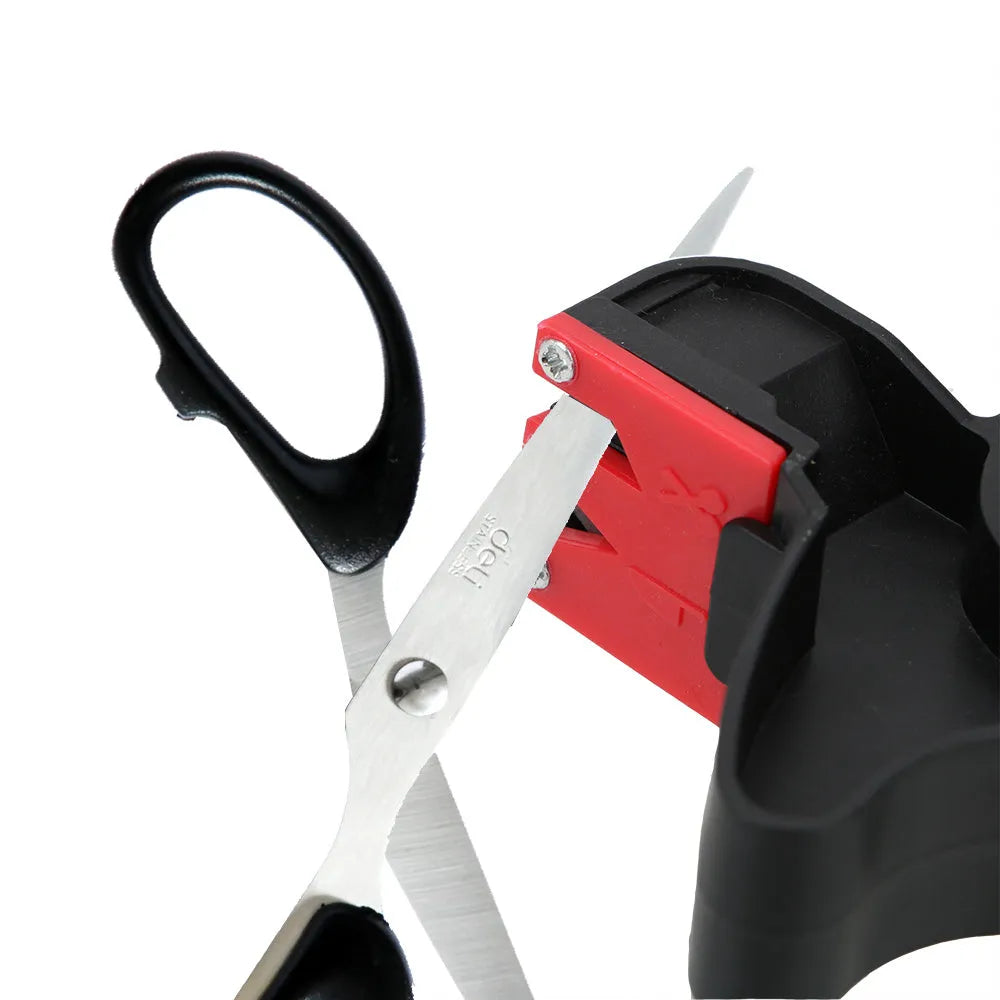 Black handheld knife and scissor sharpener with ergonomic grip, showing tungsten steel grindstone slot.