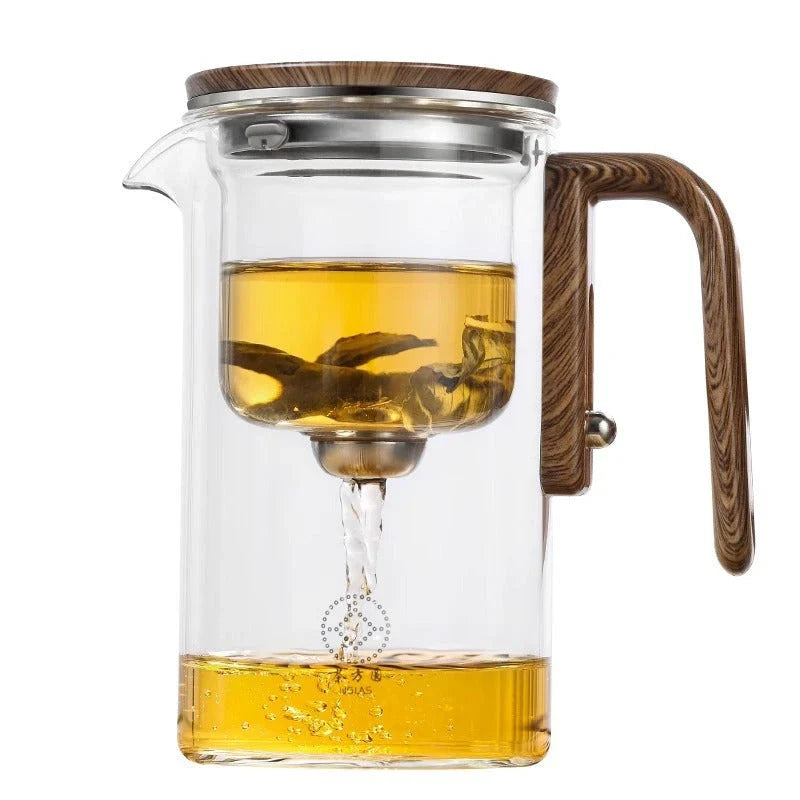 Elegant glass teapot with magnetic water separation filter and wooden handle for brewing and pouring loose leaf tea