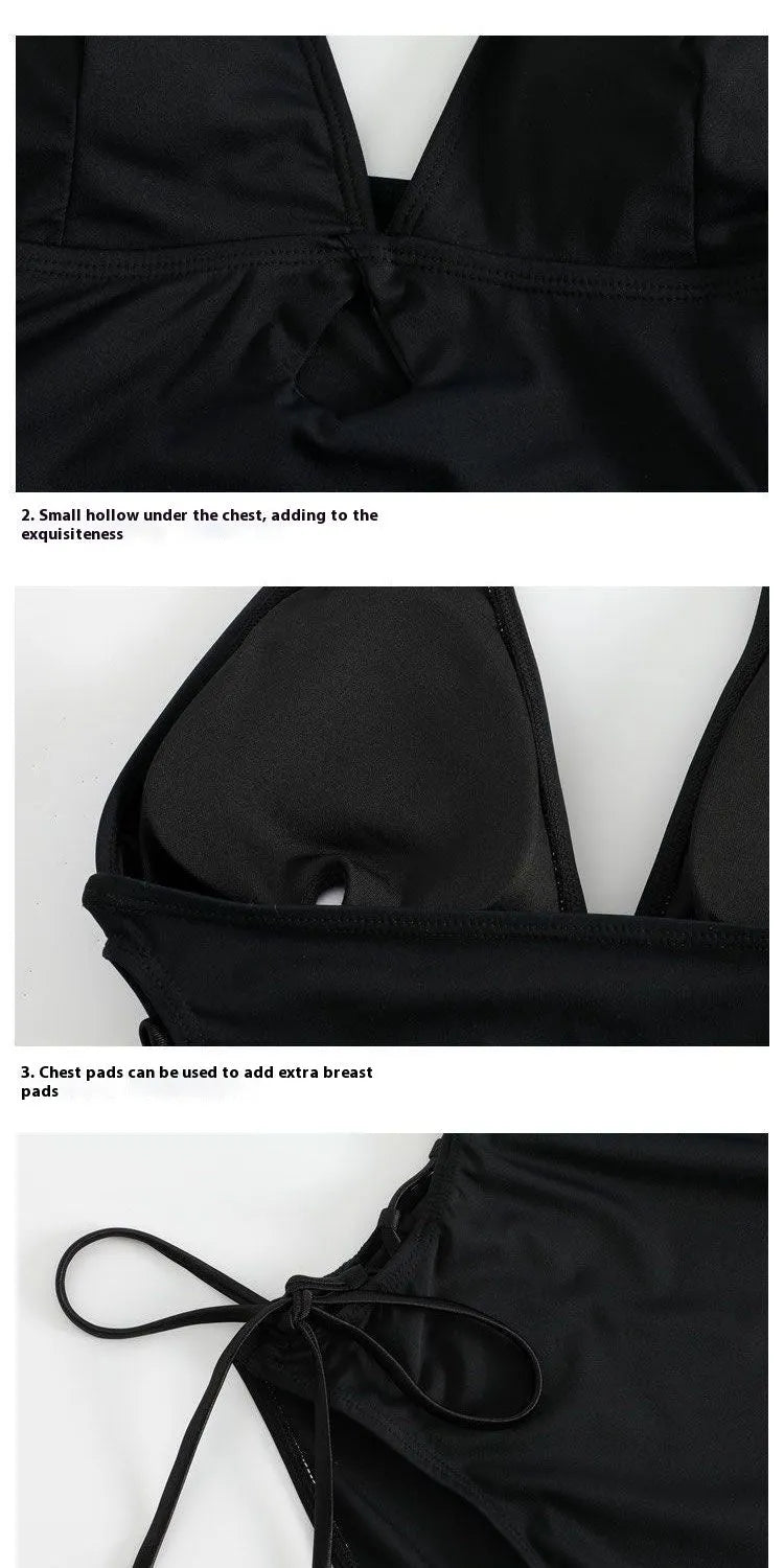 Black women's one-piece swimsuit with V-neck and hollow strap design.