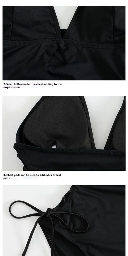 Black women's one-piece swimsuit with V-neck and hollow strap design.