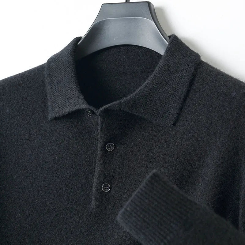 Men's woolen polo collar pullover sweater in seven colour options with long sleeves and textured stitching details