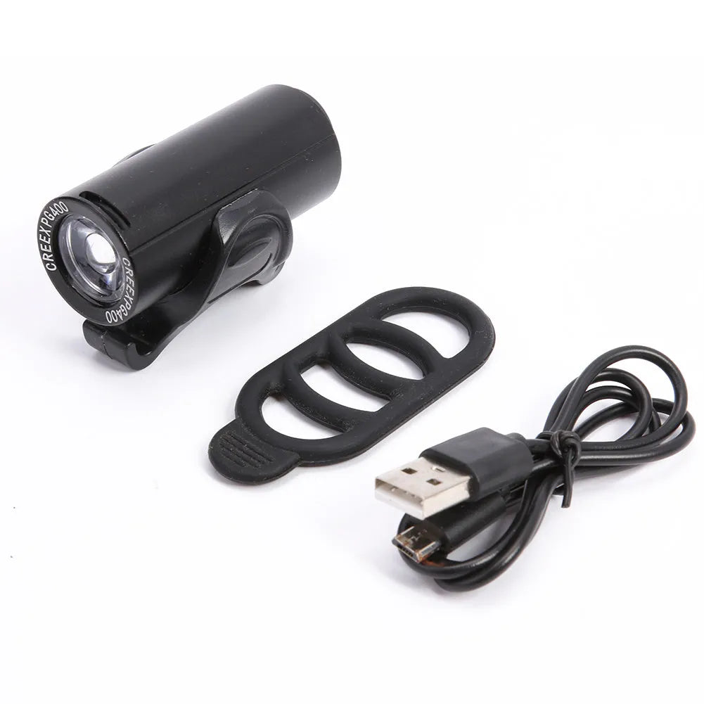 Black USB rechargeable bicycle front light showing 350 lumen output
