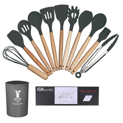 Dark grey silicone cooking utensils with wooden handles including spatula, spoon, whisk, and tongs
