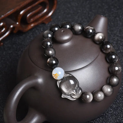 Natural obsidian stone bracelet with 10mm beads in gold, silver or black zodiac guardian styles