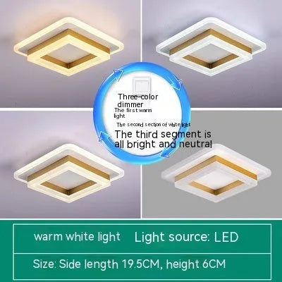Modern simple LED ceiling light in black or gold, round or square shape, for corridors and hallways.