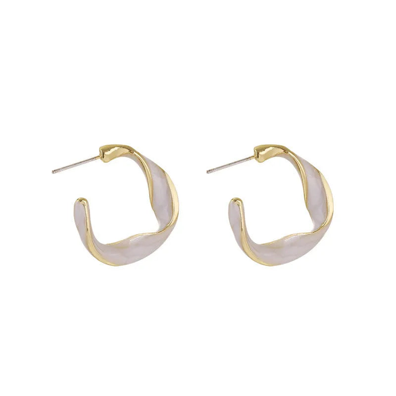 Cream white geometric C-shaped drop oil earrings with electroplated alloy finish in Fashion OL style