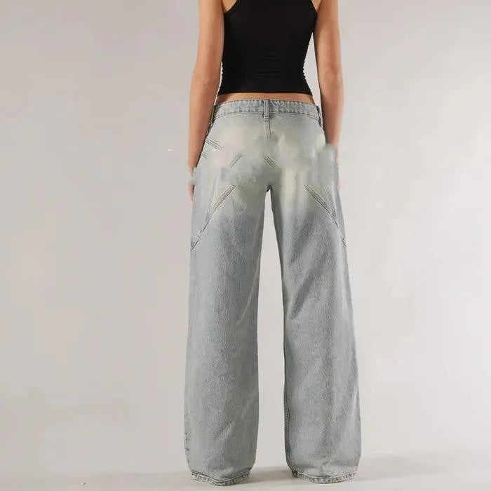 Women's blue cotton wide leg trousers with low waist and contrast stitching detail
