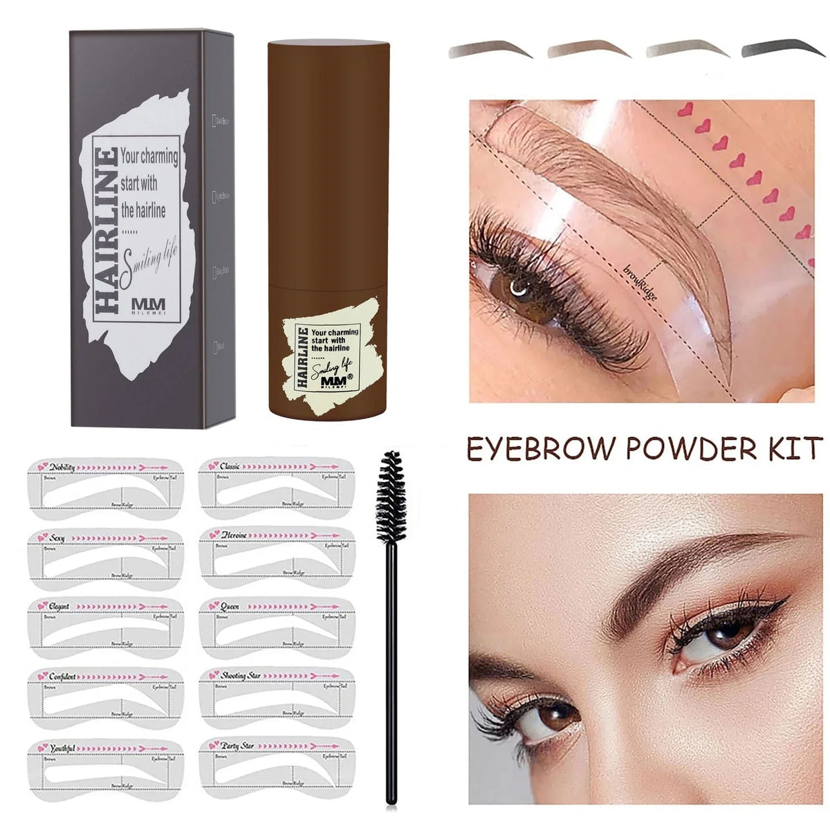 Eyebrow stamp kit with powder compact, air cushion applicator, 10 stencil cards, and dual-ended brow brush on white background