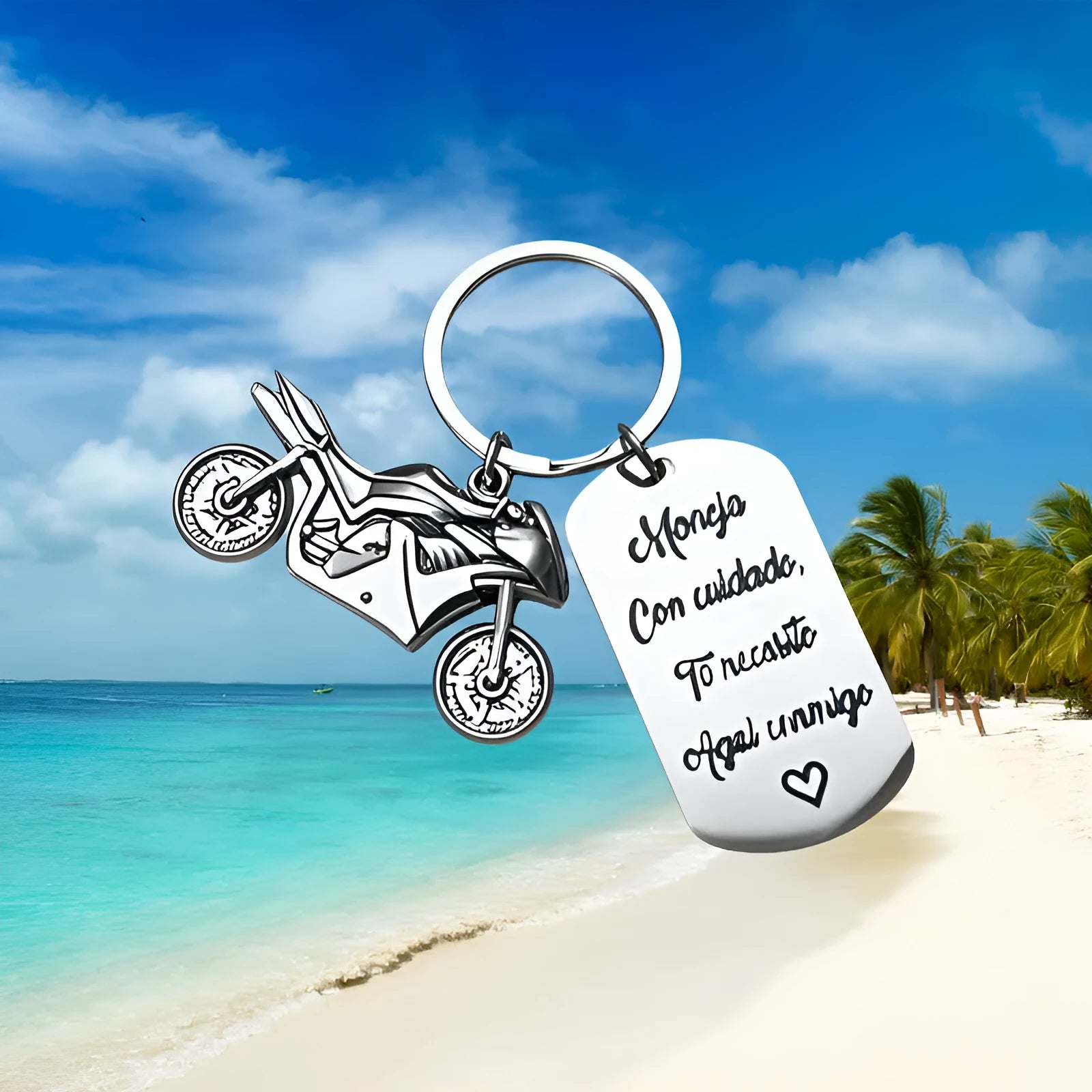 Stainless steel motorcycle-themed keychain with modern design and protective flannel bag