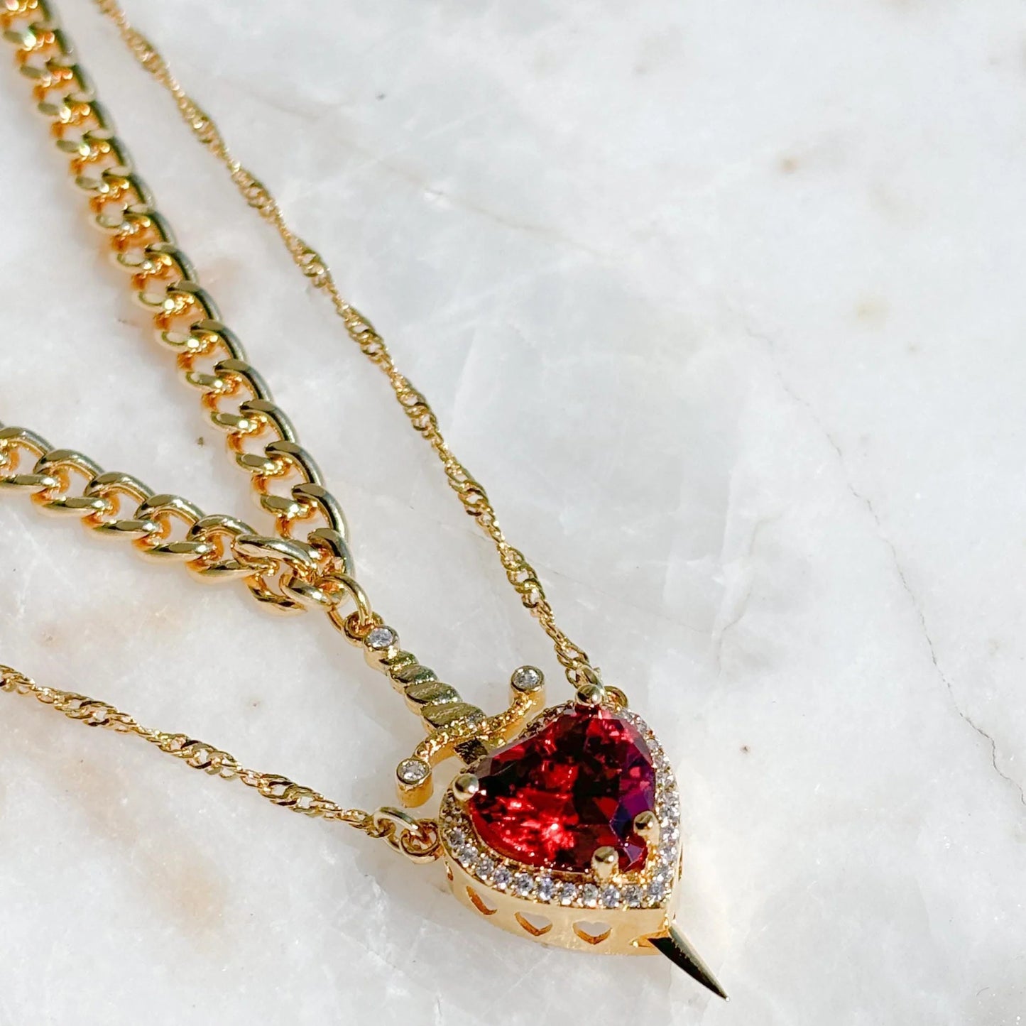 Gothic Punk Heart Dagger Couple Necklace with sparkling red rhinestones