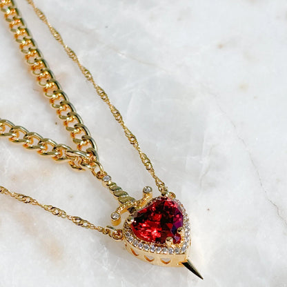 Gothic Punk Heart Dagger Couple Necklace with sparkling red rhinestones