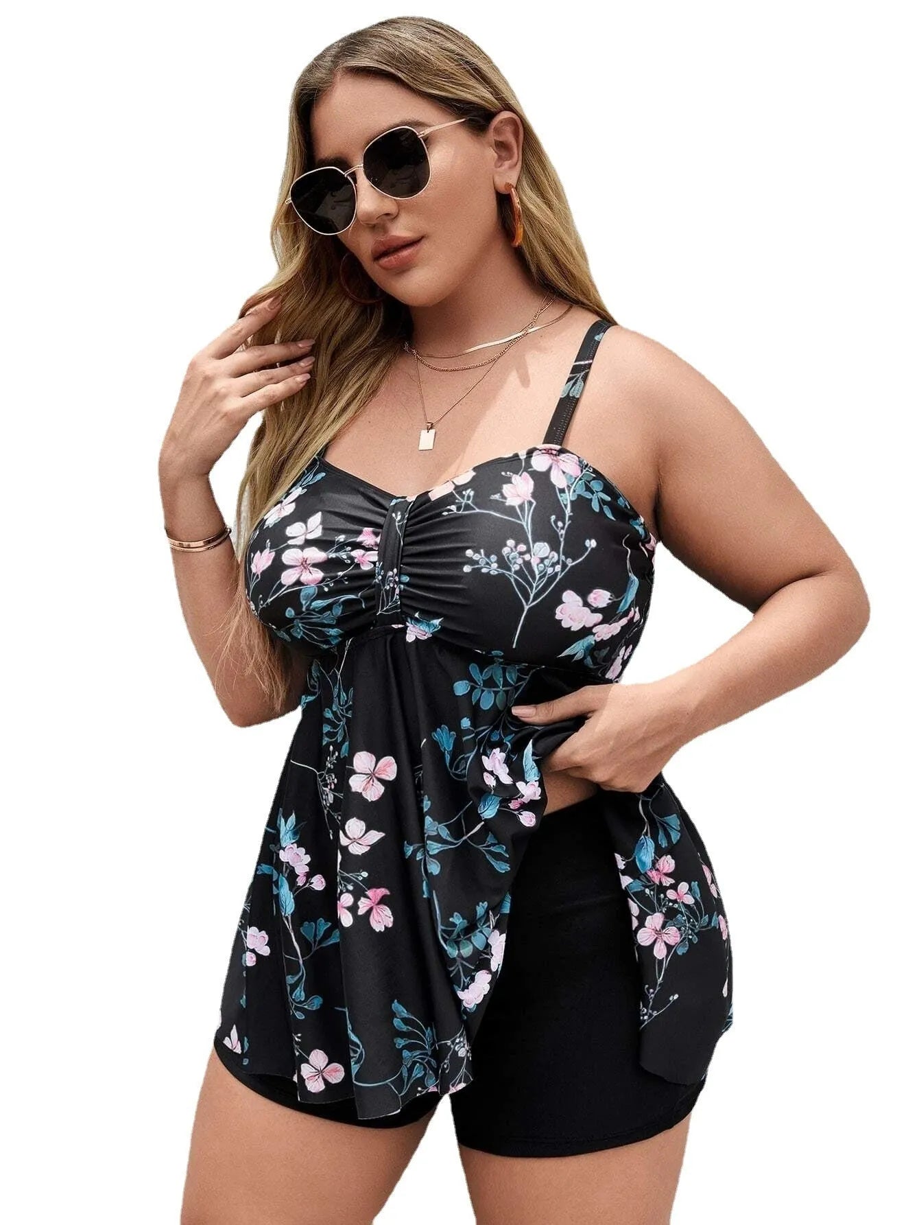 Women's floral print one-piece swimsuit in split colours with high elasticity fabric