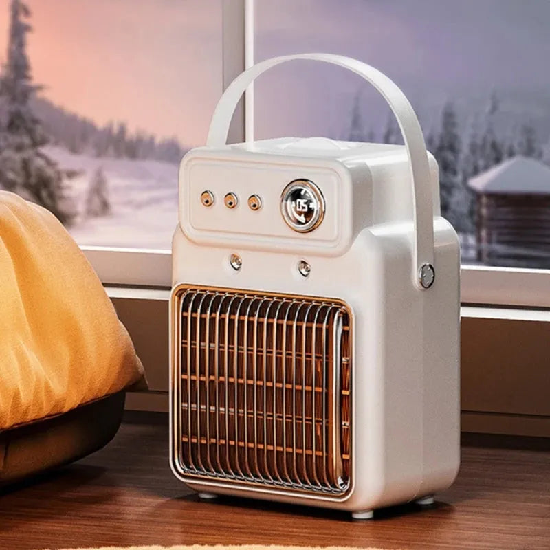White 1200W room heater with humidifier measuring 19cm by 25cm, showing control panel with temperature and mist settings
