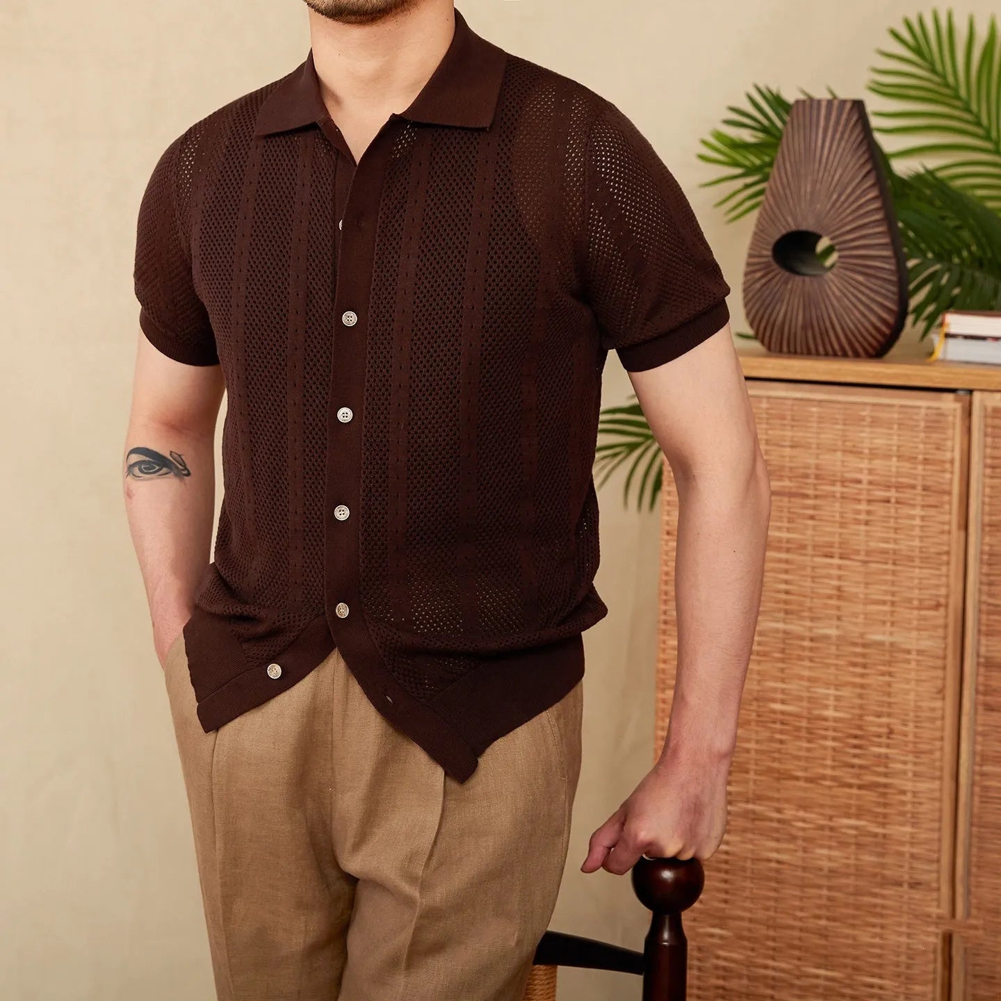Men's short sleeve lapel cardigan in striped knit cotton fabric showing creamy-white, black and brown colour options