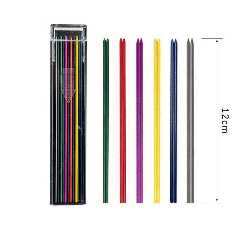 Boxed mechanical pencil replacement lead in nine colours including rainbow style, 12 pieces per pack