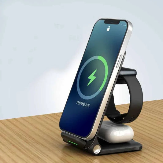 Adjustable three-in-one wireless charging station for smartphones, tablets, and smartwatches with space-saving and safety features