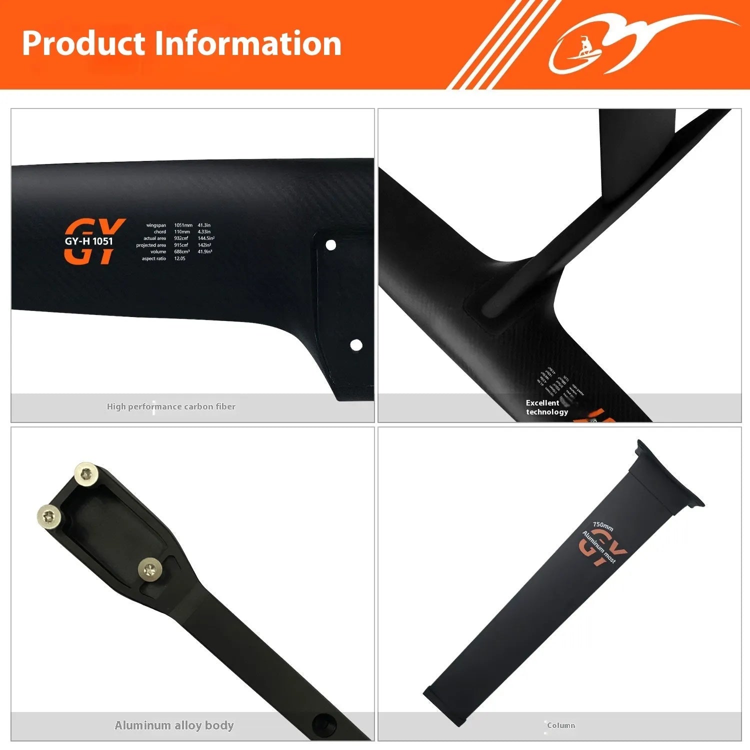 Black carbon fibre and aluminium racing hydrofoil for surfboards with large front wing.