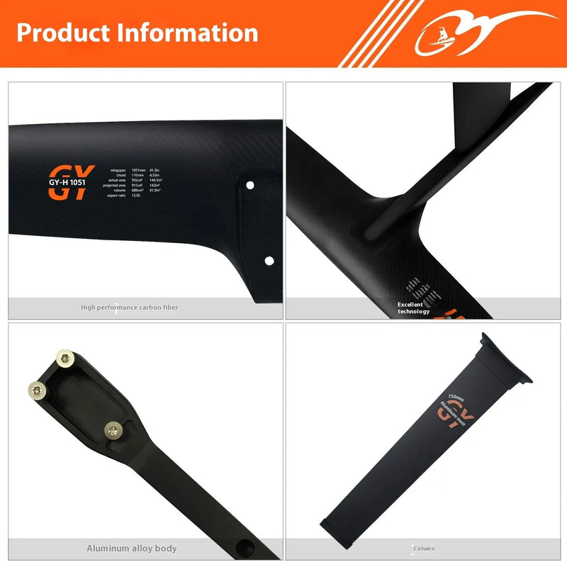 High-performance unpowered hydrofoil for racing surfboards, constructed from carbon fibre and aluminium alloy with a 1051mm by 110mm front wing for enhanced lift and speed.