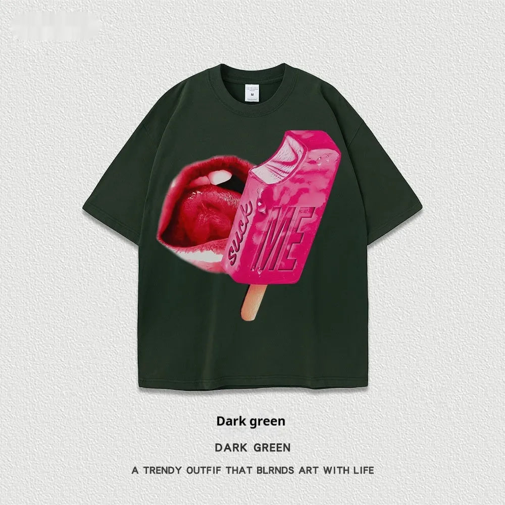 A loose-fit heavy washed cotton T-shirt with a cartoon print, shown in a selection of available colours.