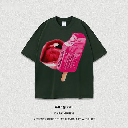 A loose-fit heavy washed cotton T-shirt with a cartoon print, shown in a selection of available colours.