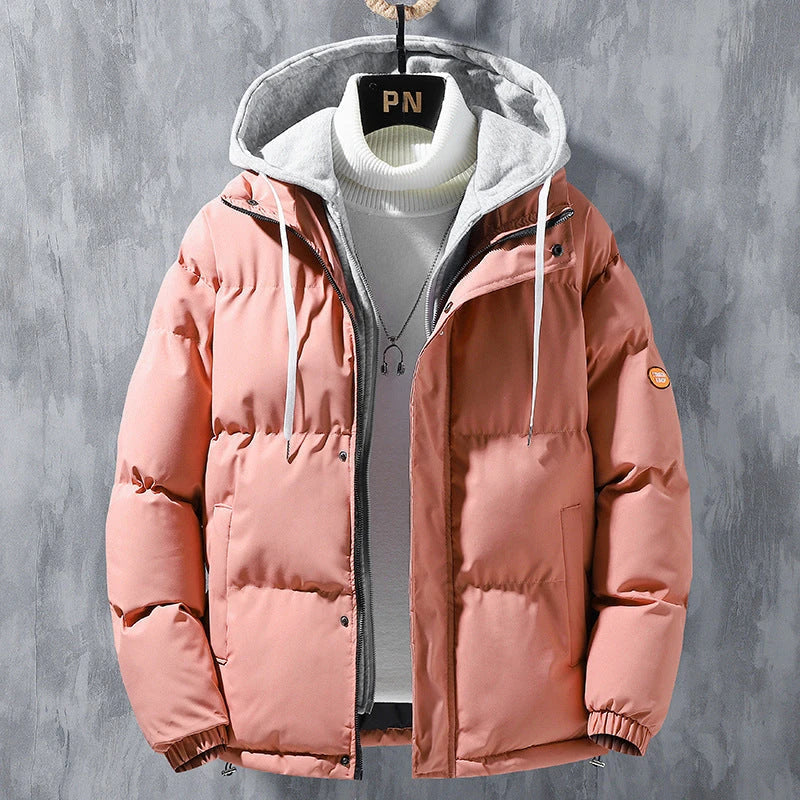 Men's Cozy Hooded Jacket in various colors, featuring a durable polyester exterior, insulating inner lining, and adjustable hood for winter warmth and protection.