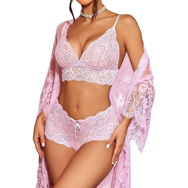 Lace fabric ladies underwear set in apricot colour, available in sizes S to 2XL.