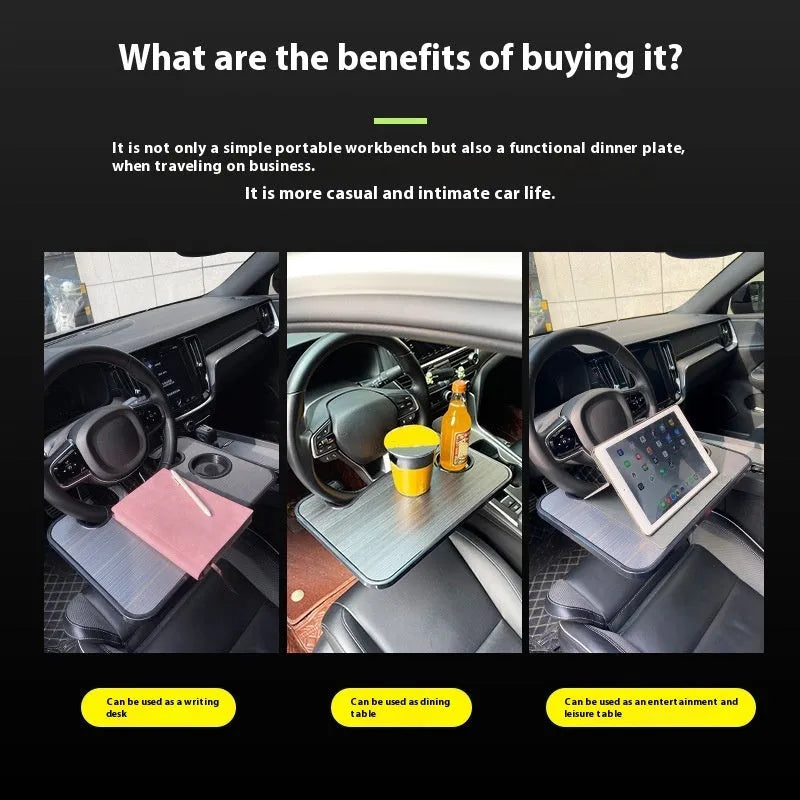 Car dining wheel laptop stand multi-purpose portable tray, 42 cm by 28 cm foldable, ABS construction, features a beverage cup holder and fits over steering wheel in black or wood grain finish for use in vehicles