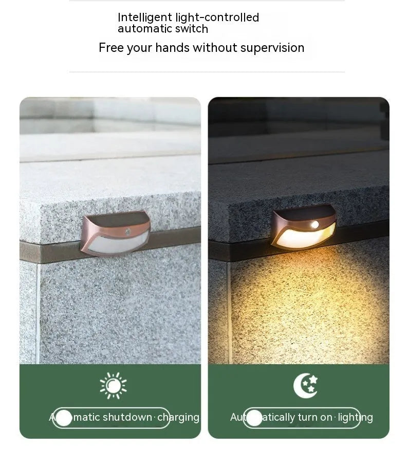 Solar outdoor wall lamp with smiling face design, dimensions 153mm by 76mm by 38mm