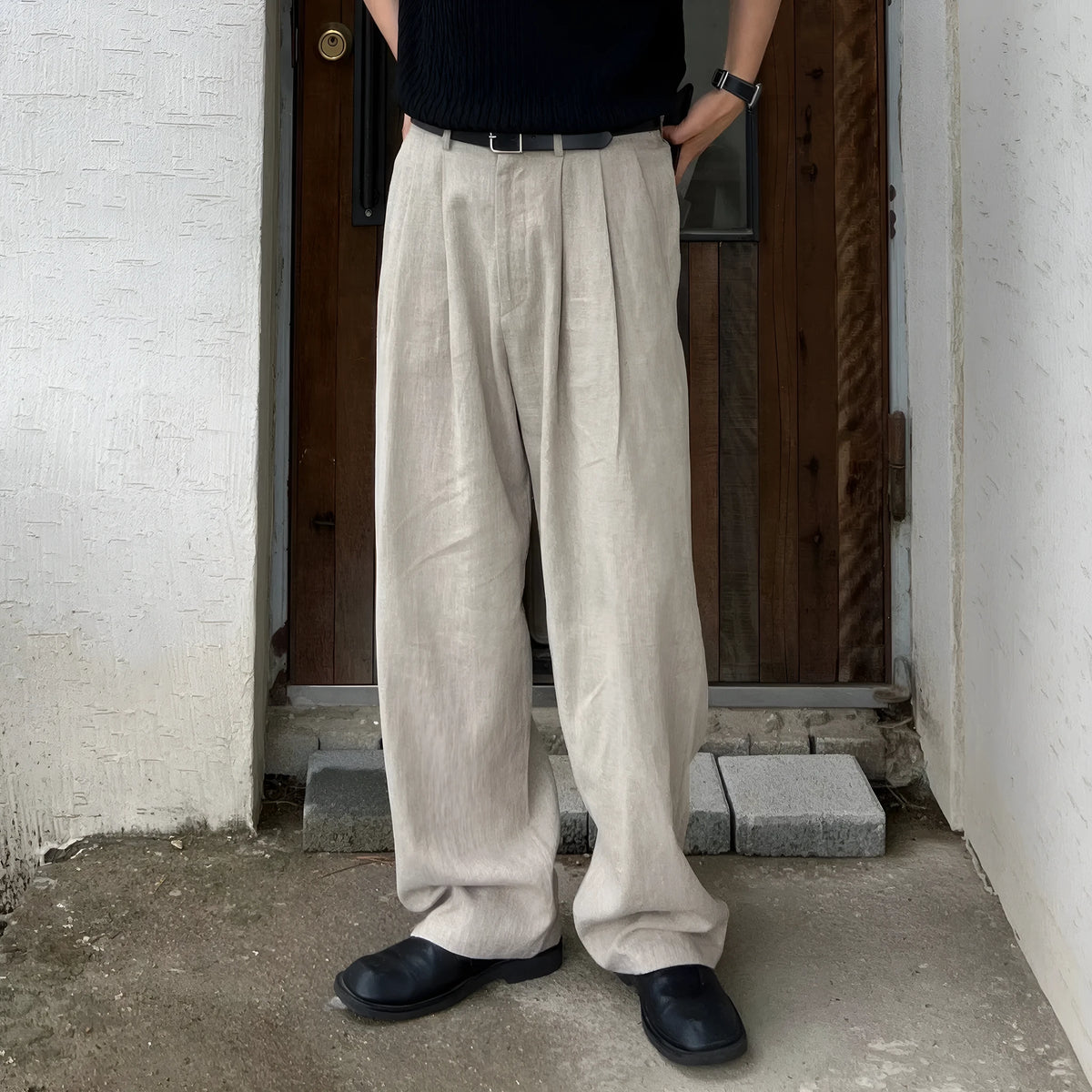 Army Green Japanese style linen trousers for men with drawstring waist