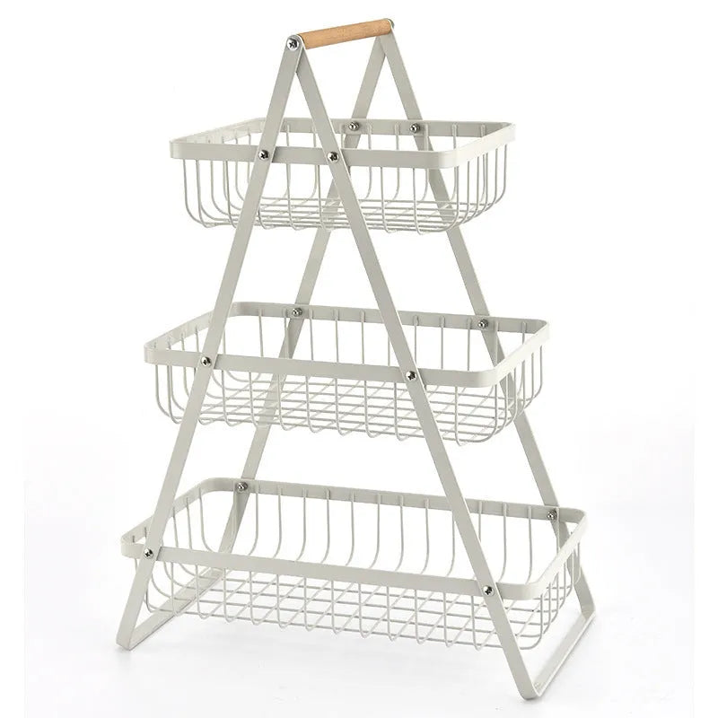Black iron double-layer fruit basket with a wooden handle, shown detached and assembled.