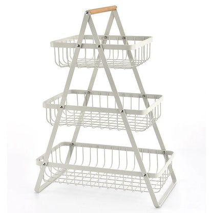 Black iron double-layer fruit basket with a wooden handle, shown detached and assembled.