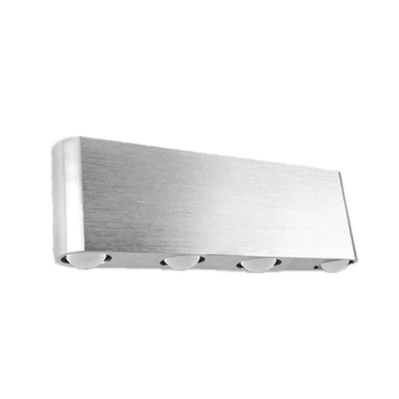 Silver rectangular aluminium LED wall lamp showing multi-colour light options.