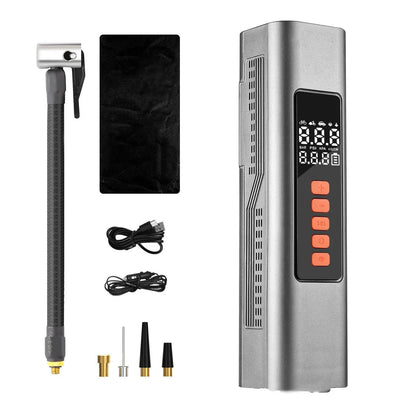 Wireless electric car tyre inflator with digital display showing pressure readings and compact portable design